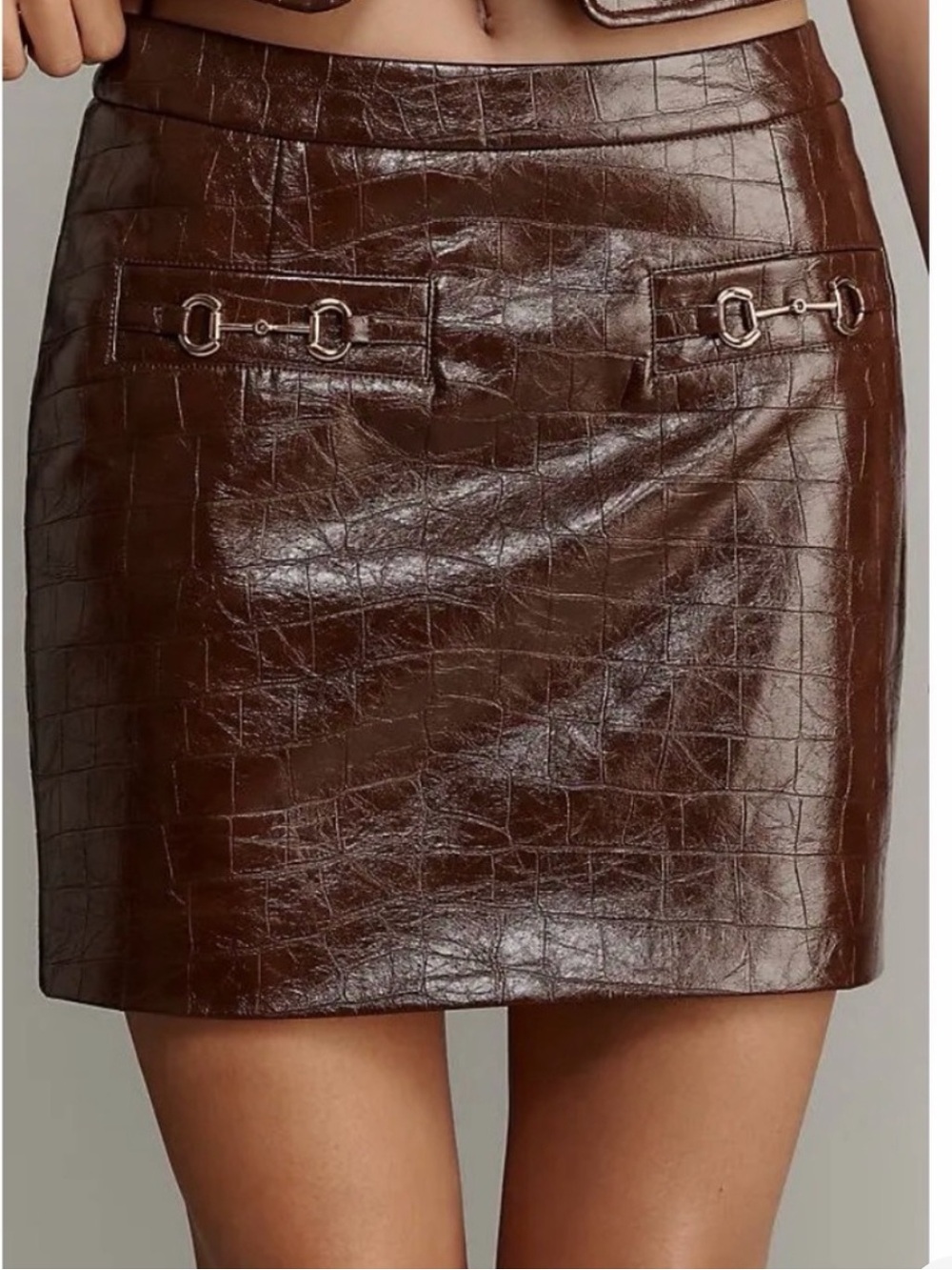Avec Les Filles Vegan Croc Mini Skirt with Gold Metal Horsebit Hardware Brown M